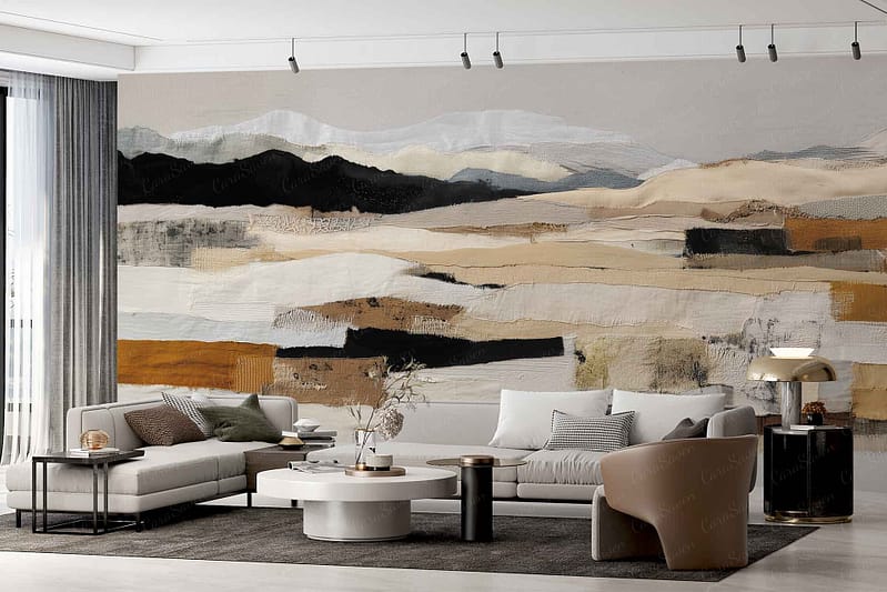 Large abstract wallpaper mural featuring bold textured layers in beige, black, white, and gold. The design showcases sweeping brushstrokes and organic shapes with metallic gold accents. Neutral tones are accented by high-contrast black and highlights of shimmering gold. Track lighting enhances the depth, creating dramatic shadows across the layered textures. Perfect for a modern statement wall with contemporary artistry.