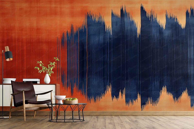 Bold orange wall with a large navy blue abstract wave pattern; the wallpaper features striking, fluid navy waves across a vivid orange background, creating a dramatic, modern focal point. Colors: deep navy blue, bright orange. Elements: abstract waves, high-contrast design, contemporary style.
