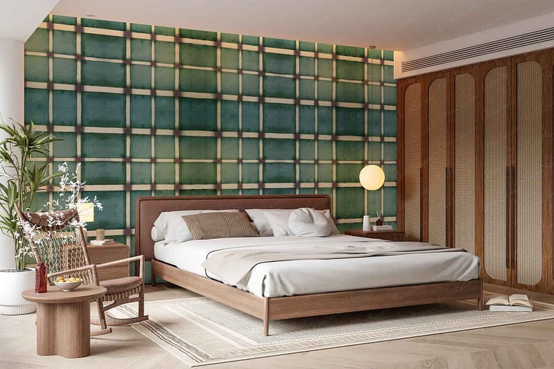 Green and blue checkered wallpaper forms the accent wall, featuring bold squares in alternating vivid green and deep blue shades for a striking geometric pattern.
