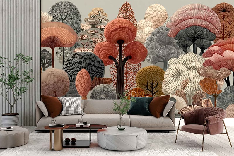 Large wall mural wallpaper featuring stylized trees in vibrant shades of orange, red, brown, gray, and beige. The design highlights layered tree shapes and abstract foliage patterns with a modern artistic feel.