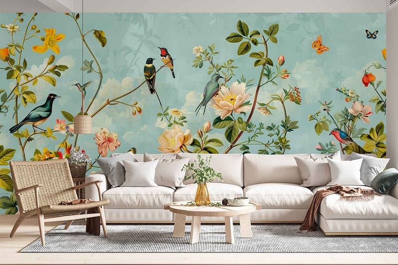 Orion-inspired floral wallpaper features a light blue background with colorful birds, vibrant butterflies, and blooming branches. The design includes multicolored flowers and foliage in vivid tones, creating an eye-catching, nature-themed pattern.