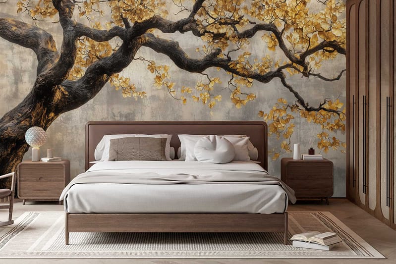 The wallpaper features a striking mural of a tree branch adorned with golden leaves set against a soft, neutral background. The design highlights delicate branches, shimmering gold accents, and subtle earth tones, creating an artistic and serene focal point for the room.