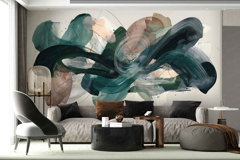 Sweeping abstract mural wallpaper featuring bold brushstrokes in vibrant green, deep blue, and soft beige. Dynamic, energetic patterns with dramatic color contrasts create a statement wall; the design commands attention through its fluid movement and modern aesthetic.
