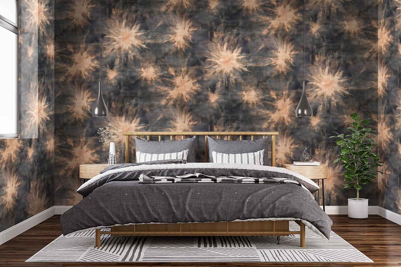 Dark dramatic tie-dye wallpaper with abstract patterns; deep indigo, charcoal, black, and hints of smoky gray hues; organic flowing shapes; bold moody backdrop for modern decor.