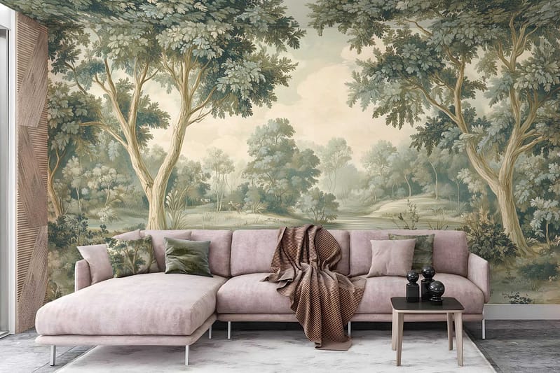 Lush green forest wallpaper with layers of deep emerald, moss, and olive hues; detailed trees, leafy canopies, soft sunlight filtering through branches; natural browns and earthy tones accent foliage and forest floor; painterly brushstrokes evoke vivid nature scene.