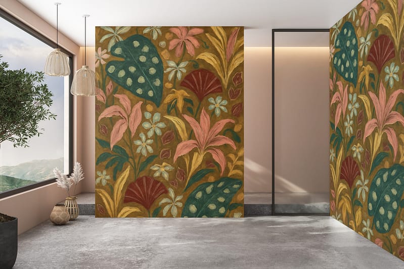 Tropical floral wallpaper mural with vibrant green palm leaves, large pink and red hibiscus flowers, yellow orchids, lush monstera leaves, and touches of orange and magenta. The design is bold and colorful, featuring overlapping tropical plants and blooms on a light backdrop.