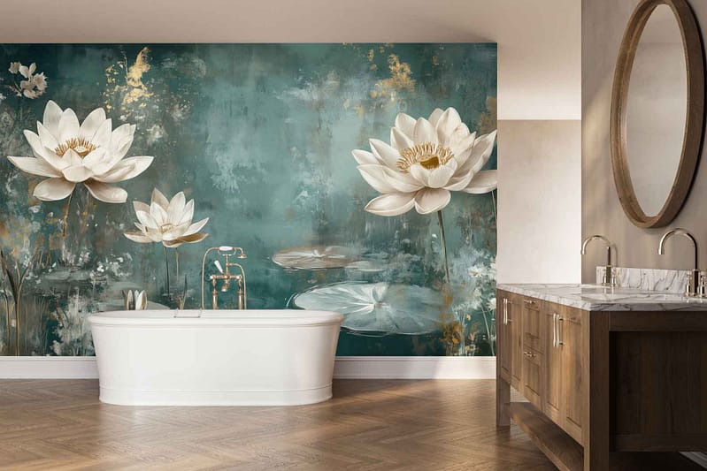 The wallpaper features a striking mural of oversized white lotus flowers with soft, detailed petals and golden-yellow centers. These floral motifs are set against a rich teal background, creating a calming and serene atmosphere. Hints of green from the lotus leaves and subtle shadowing further add depth and tranquility to the botanical design.