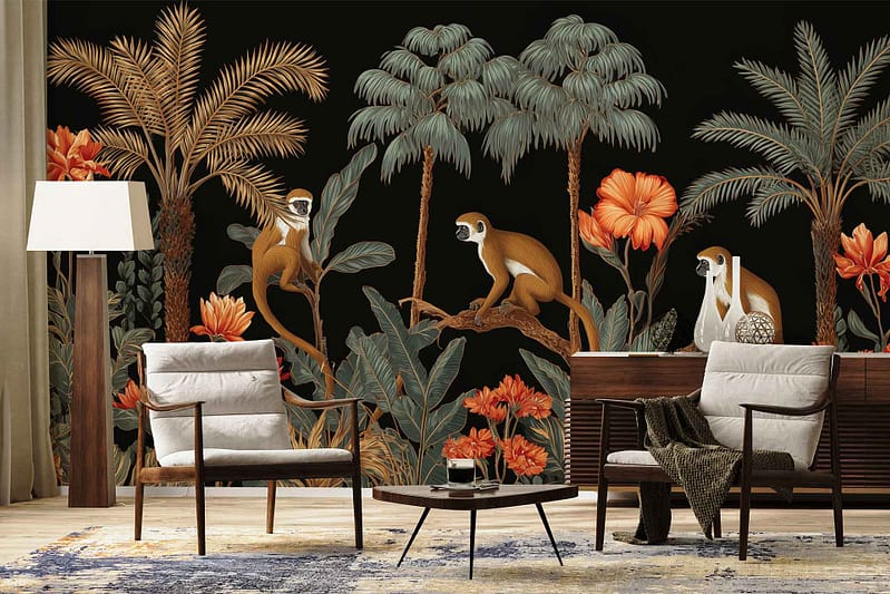 Dark Resting Mountain tropical-themed wallpaper featuring lush green foliage, stylized leaves, exotic plants, and three monkeys. The design includes deep green, charcoal, and pops of orange accents throughout the pattern.