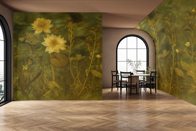 Wallpaper features a mural of yellow water lilies and lush green plants, with organic shapes and botanical elements. Dominant colors include vibrant yellow, multiple shades of green, and naturalistic tones evoking a lively, nature-inspired atmosphere.