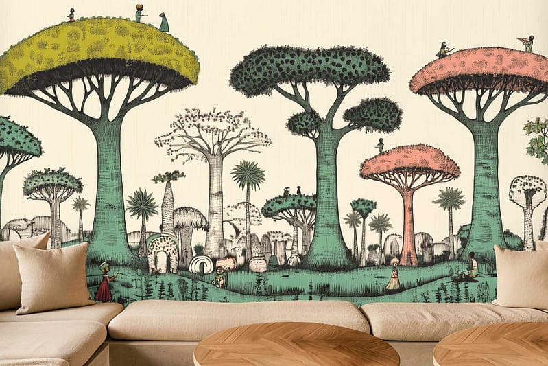 Whimsical mural wallpaper features giant, vibrant fantasy trees in bold hues of teal, magenta, lime green, and mustard yellow. Tiny people in playful poses explore winding tree roots and oversized leaves. Soft pastel skies with hints of peach and lavender provide a dreamy backdrop. The design is imaginative and lively, with intricate details on trunks and foliage for an enchanting modern look.