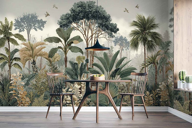 Lush tropical forest wallpaper featuring tall trees, dense palm leaves, and birds flying in the sky. Soft Maestros Clouds drift overhead. The mural showcases rich green foliage, earthy browns, and shades of blue and white for the sky and clouds.