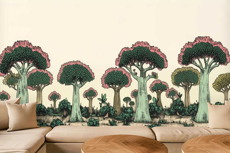 Whimsical wallpaper featuring illustrated trees with green and pink foliage, playful branches, and soft pastel tones. The mural creates a vibrant forest scene with touches of watercolor pinks, leafy greens, brown trunks, and airy brushstrokes.