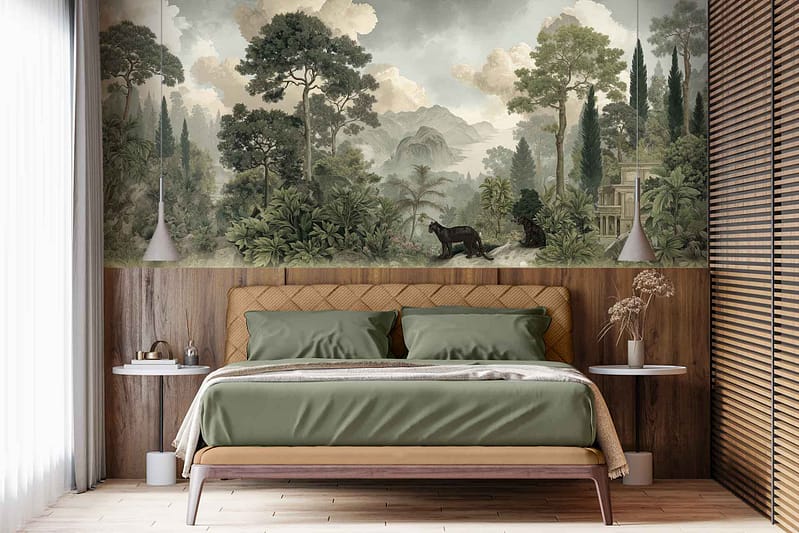 Nature-themed mural wallpaper featuring illustrated trees, lush green plants, distant blue-gray mountains, and a black panther. Earthy tones dominate: greens, browns, deep blues, and accents of black for the panther. The design is vibrant and detailed with natural jungle motifs and wildlife elements.