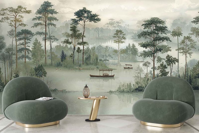 Brush and Tell wall mural featuring a serene lake scene with boats, tall green trees, misty blue hills in the distance, and soft watery reflections; gentle tones of blue, green, and gray create a tranquil nature-inspired wallpaper.