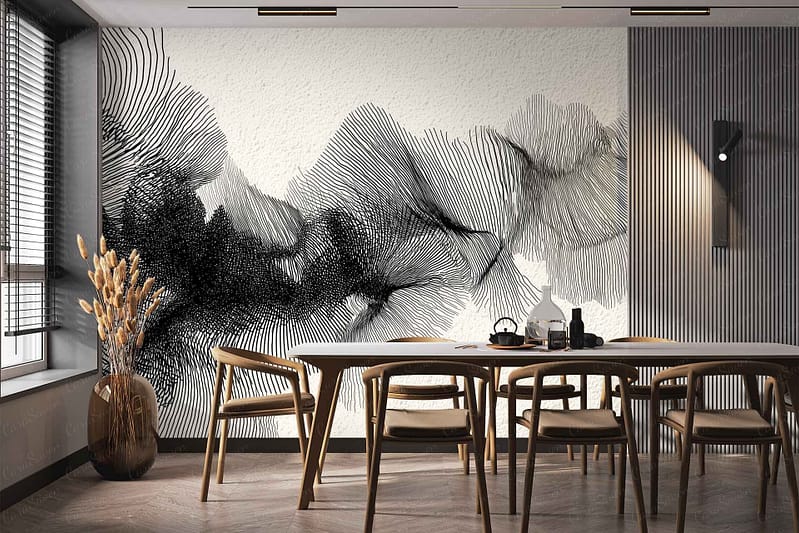 Abstract wallpaper with bold, black flowing lines on a textured white background, creating a striking mural effect. The design features dramatic contrast and fluid patterns, making it a prominent decorative element in the room.