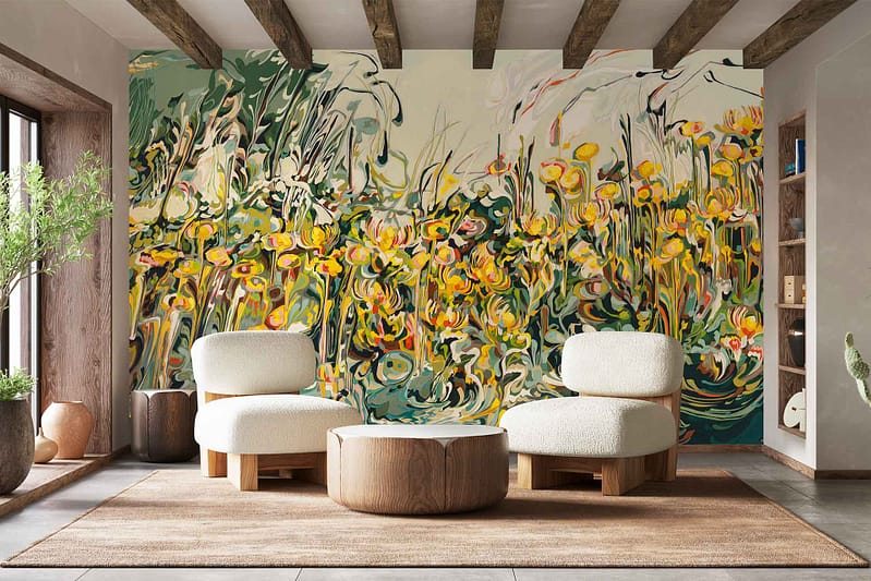 Vibrant Abstract Fynbos wallpaper with bold yellow and green swirls, featuring lively patterns and botanical-inspired shapes reminiscent of fynbos landscapes, covering the wall.