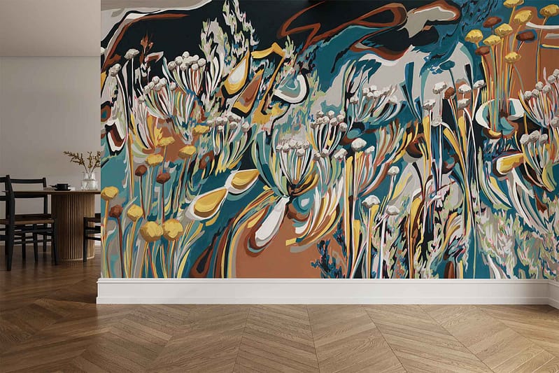 Abstract wallpaper from the Unspoken series showcases bold, swirling shapes and vibrant fynbos wildflowers in a mix of bright colors like red, yellow, green, and blue.