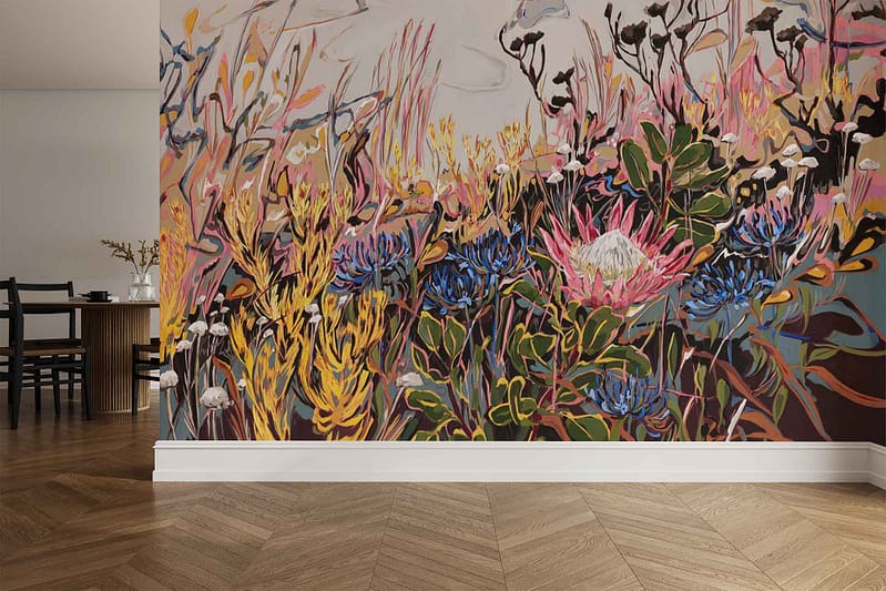 Abstract wallpaper with vibrant wildflowers including Chinkerinchee and King Protea in yellow, blue, pink, and green. Bold floral elements stand out in colorful patterns.