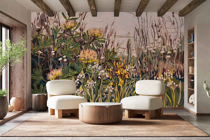 Wall mural with colorful abstract wildflowers, including Agapanthus, and lush foliage. Features vivid hues and natural botanical patterns, creating a lively backdrop ideal for floral or nature-themed decor searches.