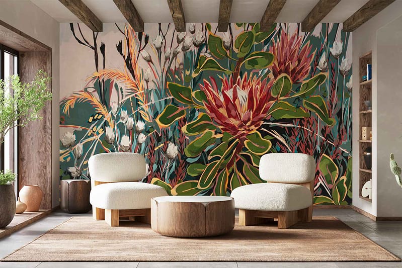 Vibrant botanical mural wallpaper featuring King Protea, large red and green flowers, and lush green leaves.