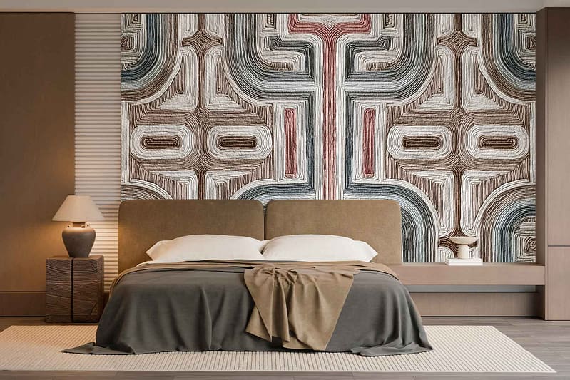 Large abstract-patterned wallpaper featuring dynamic geometric shapes in soft neutral tones of gray, beige, and cream dominates the bedroom wall.