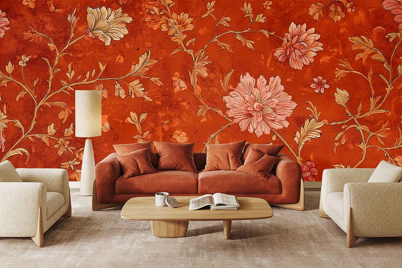 Red floral wallpaper with detailed flower patterns dominates the living room walls, featuring vibrant shades of red and subtle green leaves, creating a bold and eye-catching backdrop.