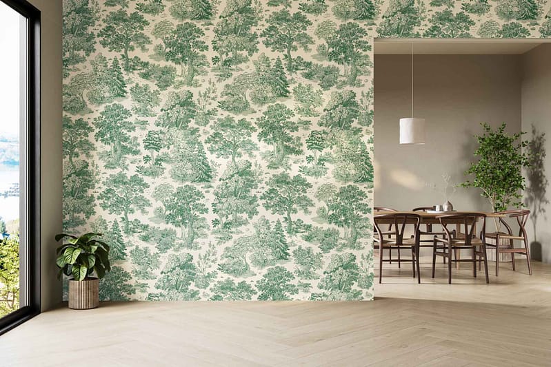 Green and white tree-patterned wallpaper featuring leafy designs and vertical shapes; decorative, botanical elements in crisp green on a white background.