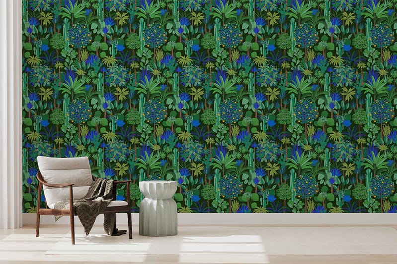 Wallpaper with dense, leafy tropical plants and trees in green and blue tones, arranged in a vibrant repeating pattern. Features rich, colorful foliage for a bold botanical look.