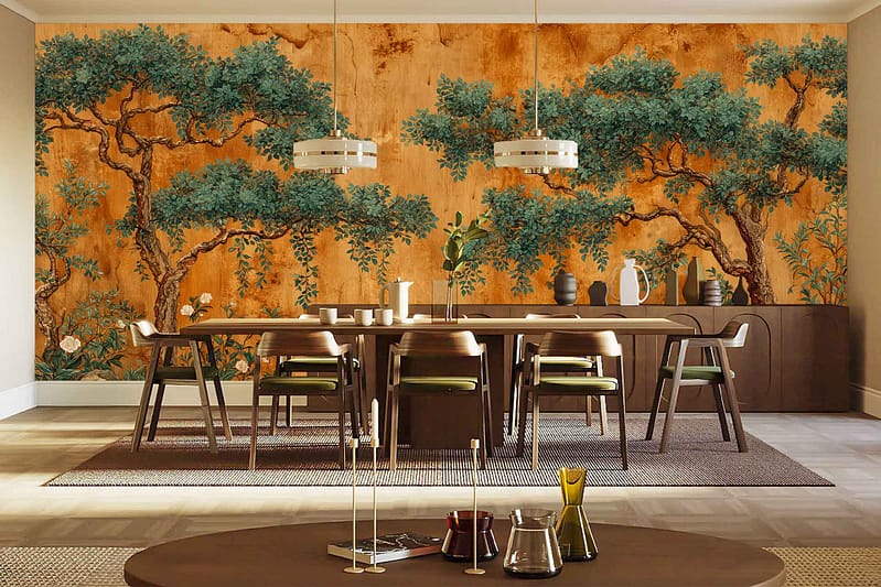 Large mural wallpaper featuring green trees against a golden background, creating a bold, nature-inspired accent with rich green foliage and shimmering gold hues.