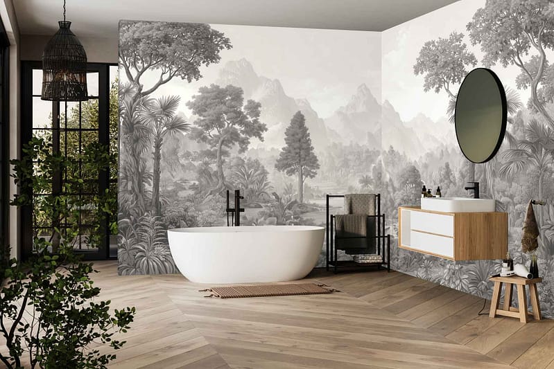 Black-and-white jungle mural wallpaper featuring intricate foliage, tropical leaves, and exotic plant patterns dominates the bathroom wall. The monochrome design showcases a lush, detailed botanical scene in crisp black lines against a white background.
