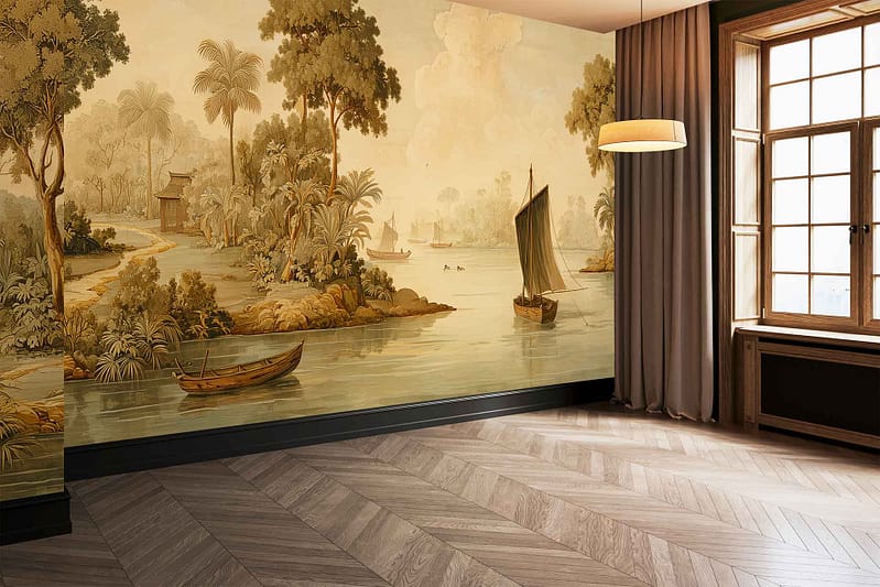 Large mural wallpaper features a river scene with boats, lush green trees, and distant buildings. Predominant colors include blue, green, and subtle earth tones.