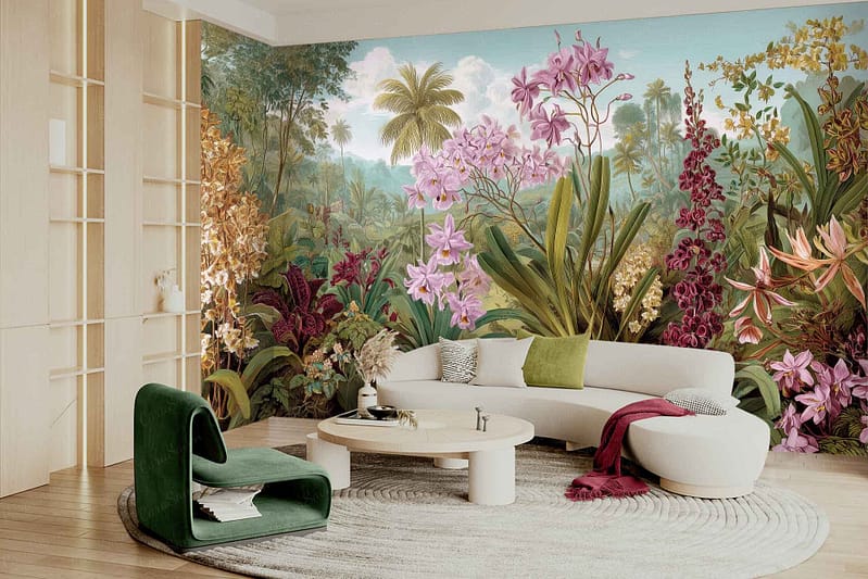 A mural wallpaper with lush tropical plants and vibrant flowers in bold colors covers the wall, featuring large green leaves, colorful blooms, and botanical details.
