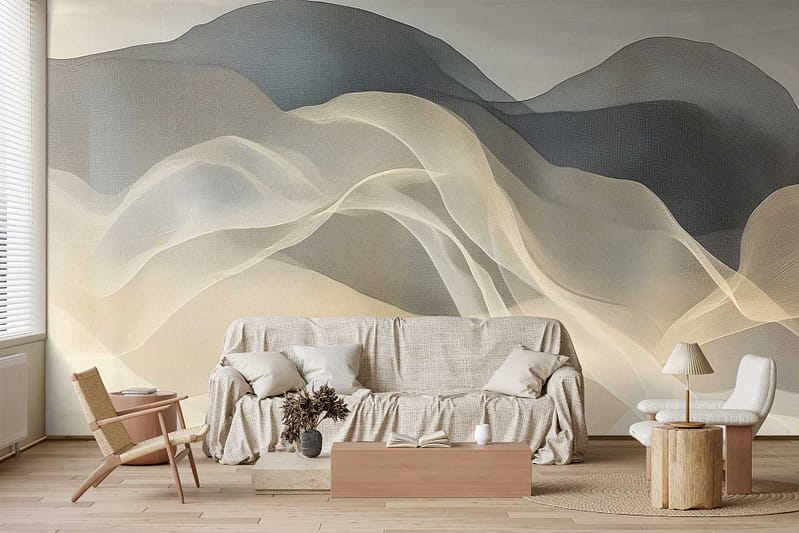 Large abstract mural wallpaper with soft, wavy shapes in beige, blue, and gray tones.