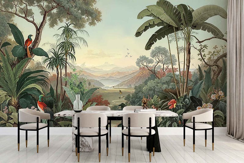 Wallpaper features a lush tropical jungle scene with green trees, vibrant birds, and distant blue mountains, creating an exotic atmosphere.