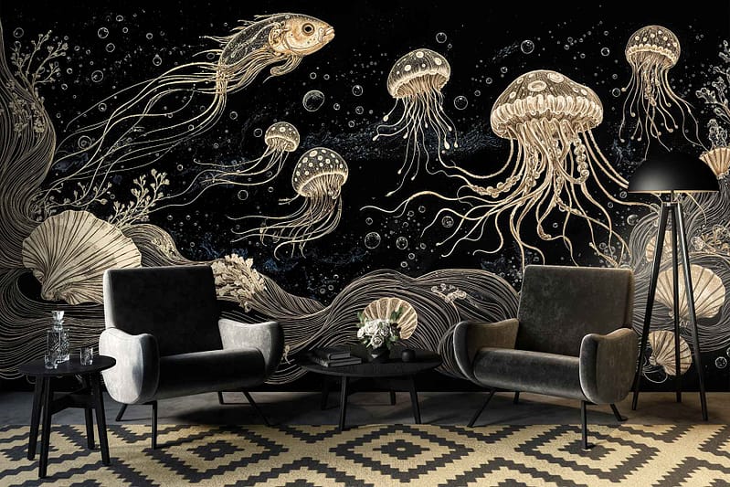 Elegant wall mural featuring gold-toned jellyfish, a fish, flowing aquatic plants, and bubbles against a black background.