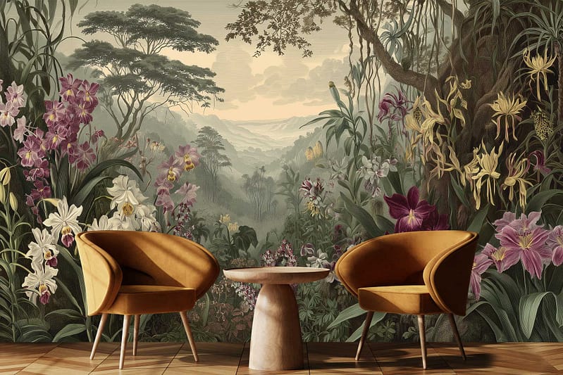 Wallpaper features lush, tropical jungle scenery inspired by the Meadowlands, filled with vibrant green foliage and colorful flowers in shades of pink, yellow, and red.