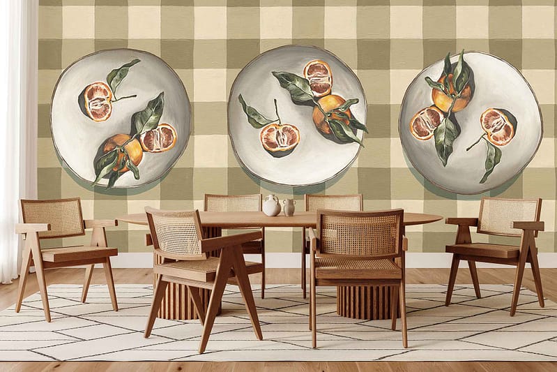Beige checkered wallpaper with a subtle grid pattern covers the wall, its soft neutral tones creating a cozy and classic backdrop in the dining room.