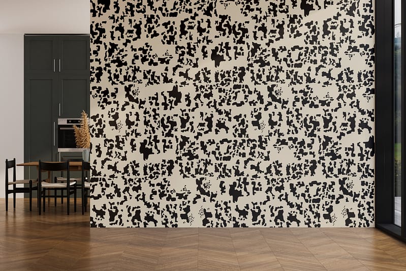 Black-and-white abstract patterned wallpaper reminiscent of The Procession, featuring bold geometric lines and contrasting shapes in monochrome tones.