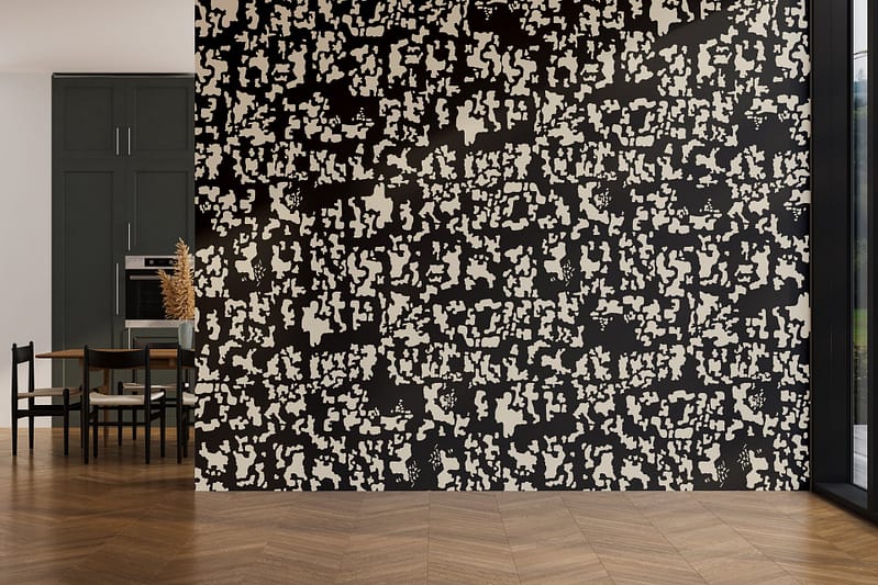 Black and beige abstract patterned accent wallpaper inspired by The Procession, featuring bold geometric shapes and striking contrasts, serves as a dramatic focal point with its modern design.