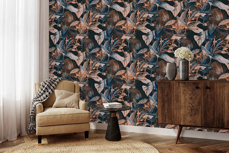 Dark floral-patterned accent wall featuring rich, moody blooms in deep colors dominates the scene, showcasing intricate flower designs that add drama and elegance to the space.