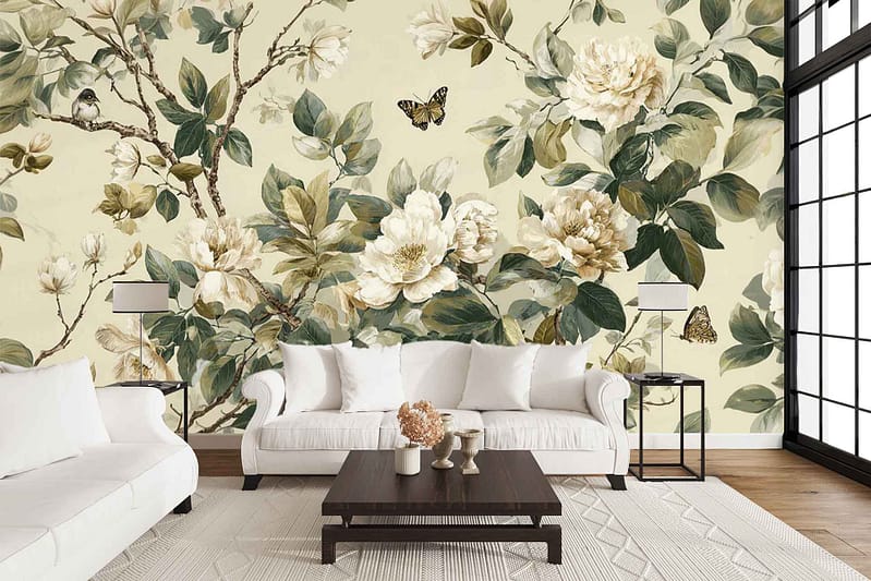 Large floral mural wallpaper featuring white flowers, green leaves, butterflies, and birds.