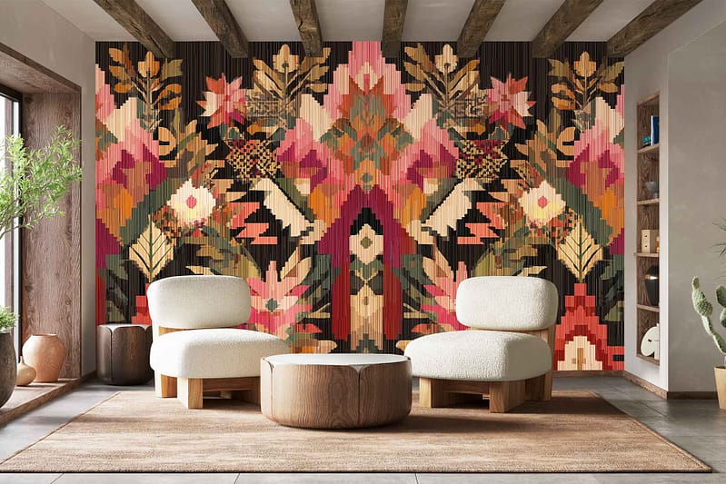 Vibrant, geometric floral mural with bold shapes and bright colors—suggesting a lush, Eden-like paradise—covers the back wall. The wallpaper features distinct flower patterns and lively color combinations that stand out in the room.