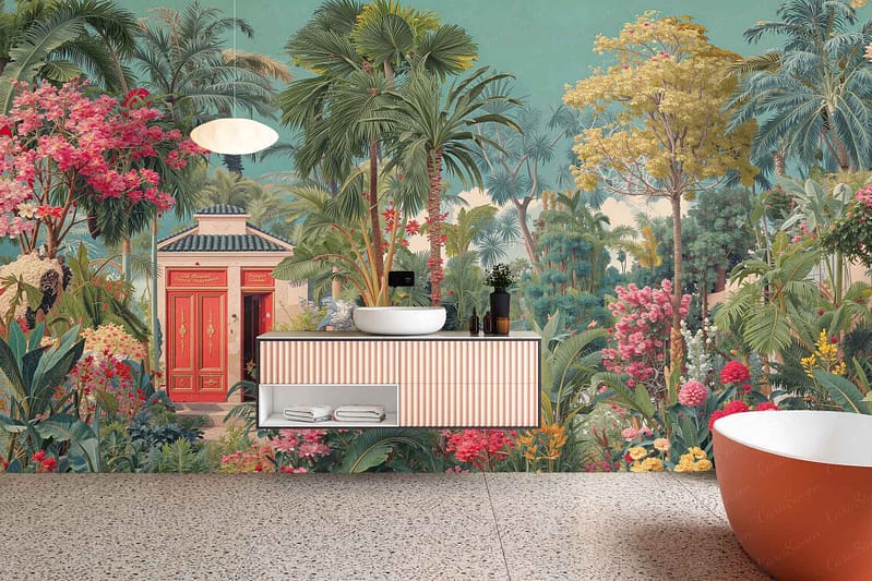Tropical mural wallpaper featuring lush green trees, vibrant colorful flowers, and a bold red door. Rich greenery and floral patterns dominate the wall design.