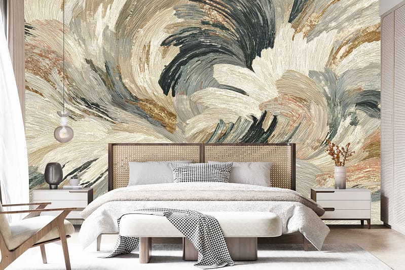 Large abstract mural wallpaper in neutral tones, featuring flowing shapes and subtle color gradients in beige, taupe, and soft gray; creates a calming, modern background.