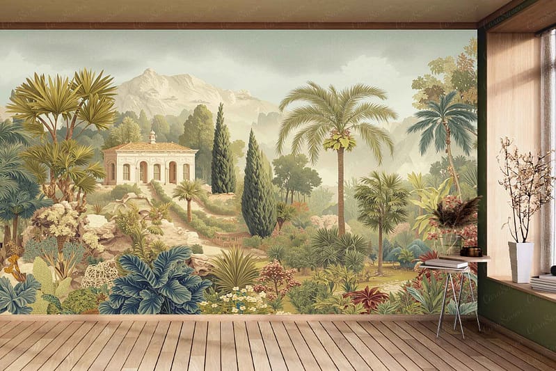 Wallpaper mural "Under the Canopy" shows lush palm trees, vibrant green and tropical plants, a white classical pavilion, and soft misty mountains in the background. Dominated by greens, whites, and subtle blues.