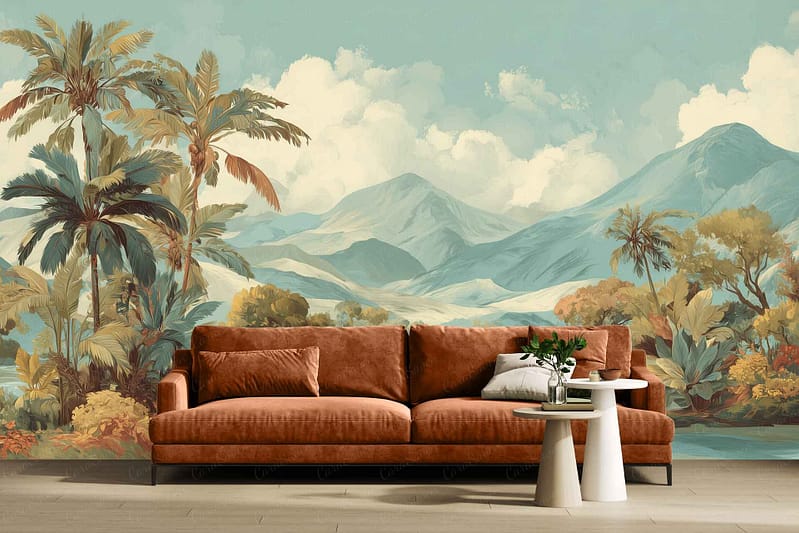 Mural wallpaper with lush tropical plants, tall palm trees, and distant blue mountains in the background. Features vibrant greens, deep blues, and earthy tones.