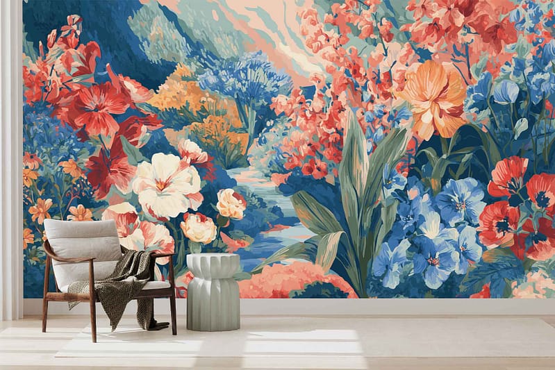 Vibrant Operation Lush mural wallpaper with colorful flowers and lush greenery in bold reds, oranges, blues, and whites.