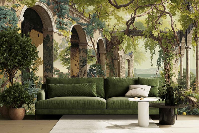 Wallpaper features an ancient stone archway covered in green vines, set against a garden background with lush foliage. The mural blends earthy stone tones with vibrant greens, evoking a dreamy, nature-inspired scene.