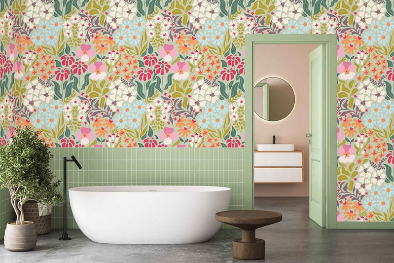 Floral wallpaper from the Simple Bloom collection featuring vibrant flowers and leafy patterns in soft greens, pinks, and whites. The design adds a lush, botanical touch to the bathroom decor.