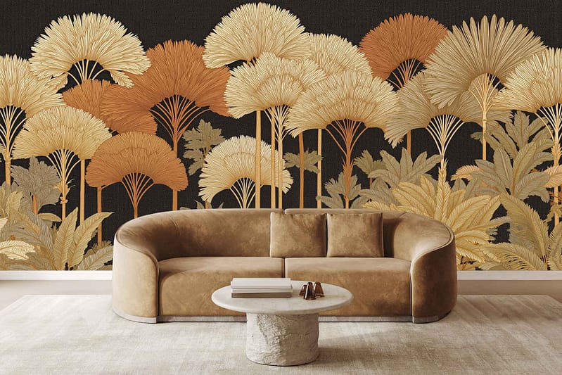Bold tropical palm leaf wallpaper features gold, orange, and beige leaves on a dark background.